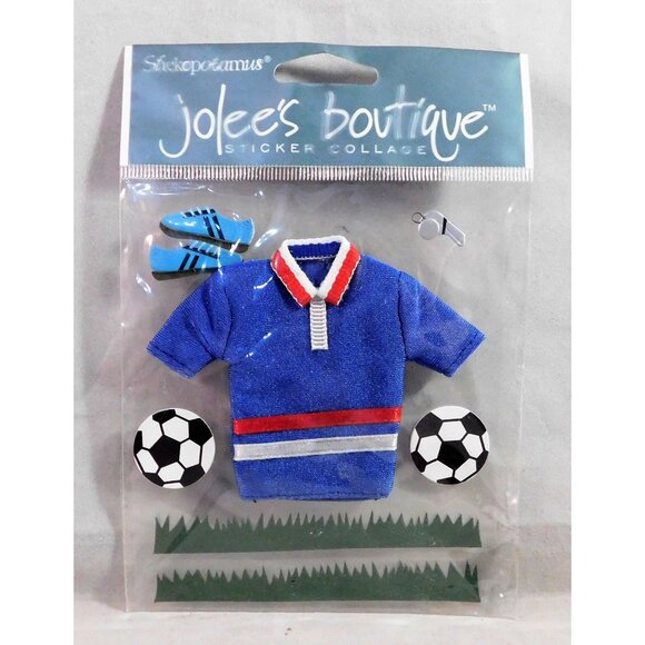 Soccer 3D Scrapbook Stickers Set of 2 Blue Uniform Top Balls Whistle Grass - Picture 1 of 2